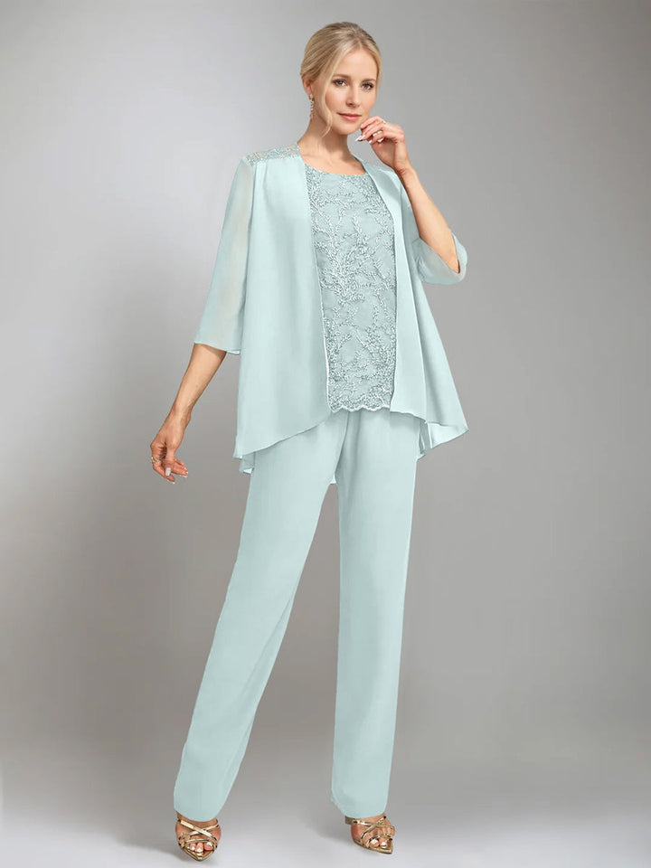 3 Morceaux Scoop Sans Manches La Longueur du SolTailleurs-pantalons pour mère de la mariée avec veste