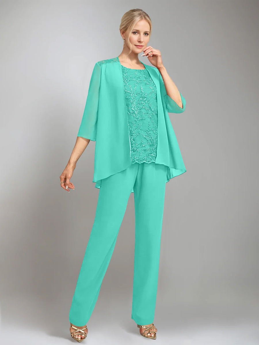 3 Morceaux Scoop Sans Manches La Longueur du SolTailleurs-pantalons pour mère de la mariée avec veste