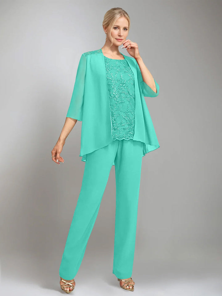 3 Morceaux Scoop Sans Manches La Longueur du SolTailleurs-pantalons pour mère de la mariée avec veste