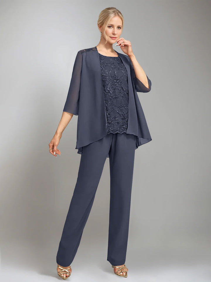 3 Morceaux Scoop Sans Manches La Longueur du SolTailleurs-pantalons pour mère de la mariée avec veste