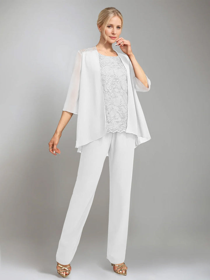 3 Morceaux Scoop Sans Manches La Longueur du SolTailleurs-pantalons pour mère de la mariée avec veste