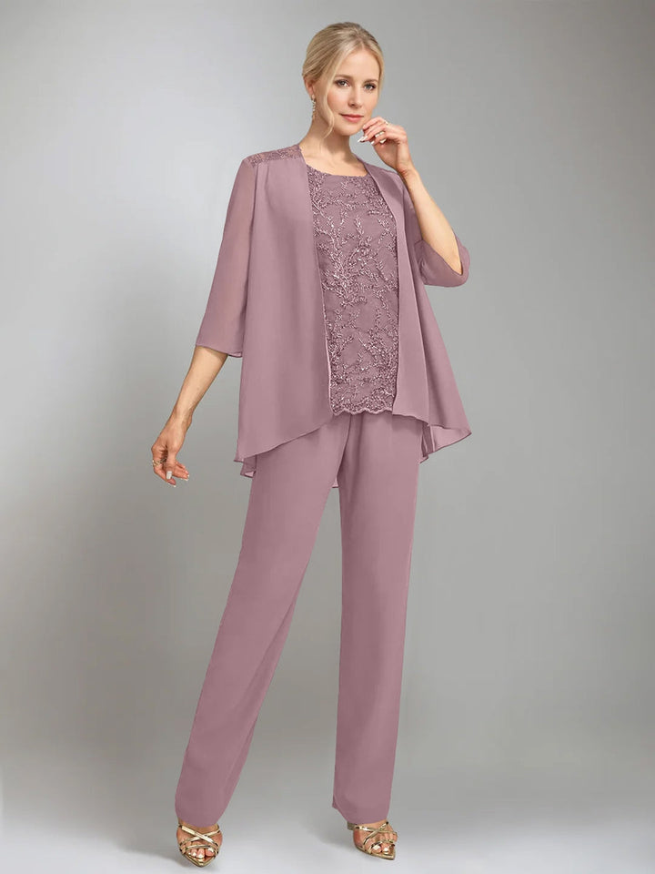 3 Morceaux Scoop Sans Manches La Longueur du SolTailleurs-pantalons pour mère de la mariée avec veste