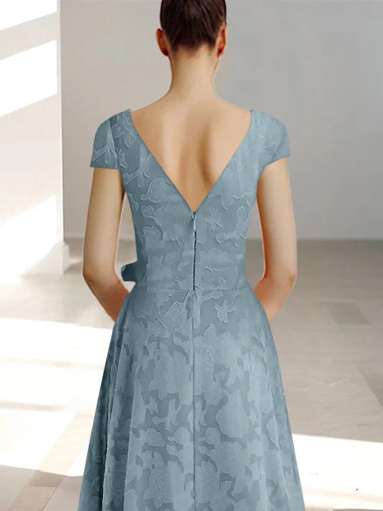 Ligne A/Princesse Col en V Manches Courtes Longueur de La Cheville Rose Dentelle Appliqué Robes Mère de La Mariée avec Poches & Froufrous