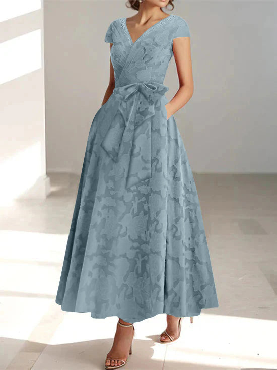 Ligne A/Princesse Col en V Manches Courtes Longueur de La Cheville Rose Dentelle Appliqué Robes Mère de La Mariée avec Poches & Froufrous