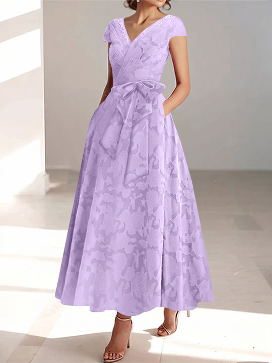 Ligne A/Princesse Col en V Manches Courtes Longueur de La Cheville Rose Dentelle Appliqué Robes Mère de La Mariée avec Poches &amp; Froufrous