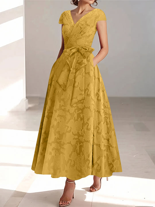 Ligne A/Princesse Col en V Manches Courtes Longueur de La Cheville Rose Dentelle Appliqué Robes Mère de La Mariée avec Poches &amp; Froufrous