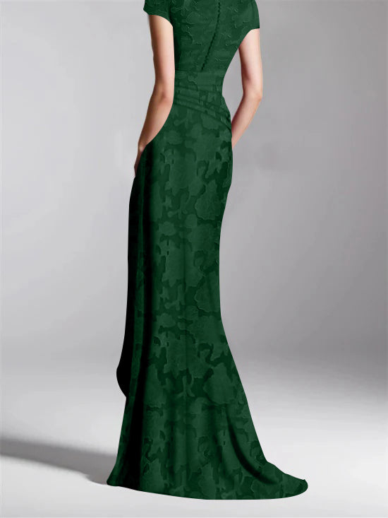 Gaine/Colonne Col en V Manches Courtes La Longueur du Sol Rose Dentelle Appliqué Robes Mère de La Mariée avec Côté Divisé