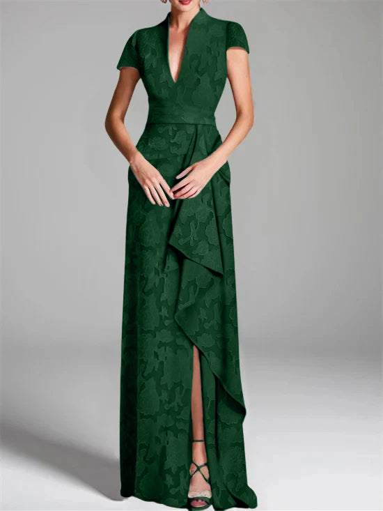 Gaine/Colonne Col en V Manches Courtes La Longueur du Sol Rose Dentelle Appliqué Robes Mère de La Mariée avec Côté Divisé