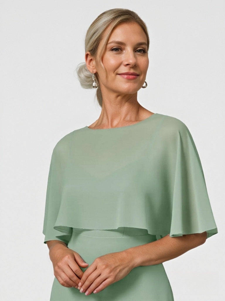 Robe mère de la mariée mousseline ligne A, col rond, manches mi-longues, longueur sol