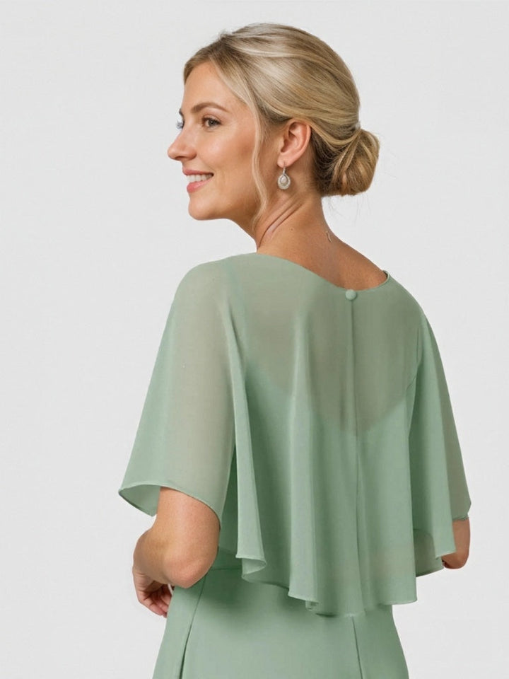 Robe mère de la mariée mousseline ligne A, col rond, manches mi-longues, longueur sol