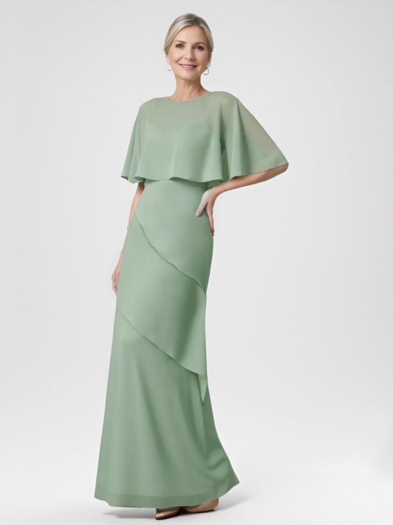 Robe mère de la mariée mousseline ligne A, col rond, manches mi-longues, longueur sol
