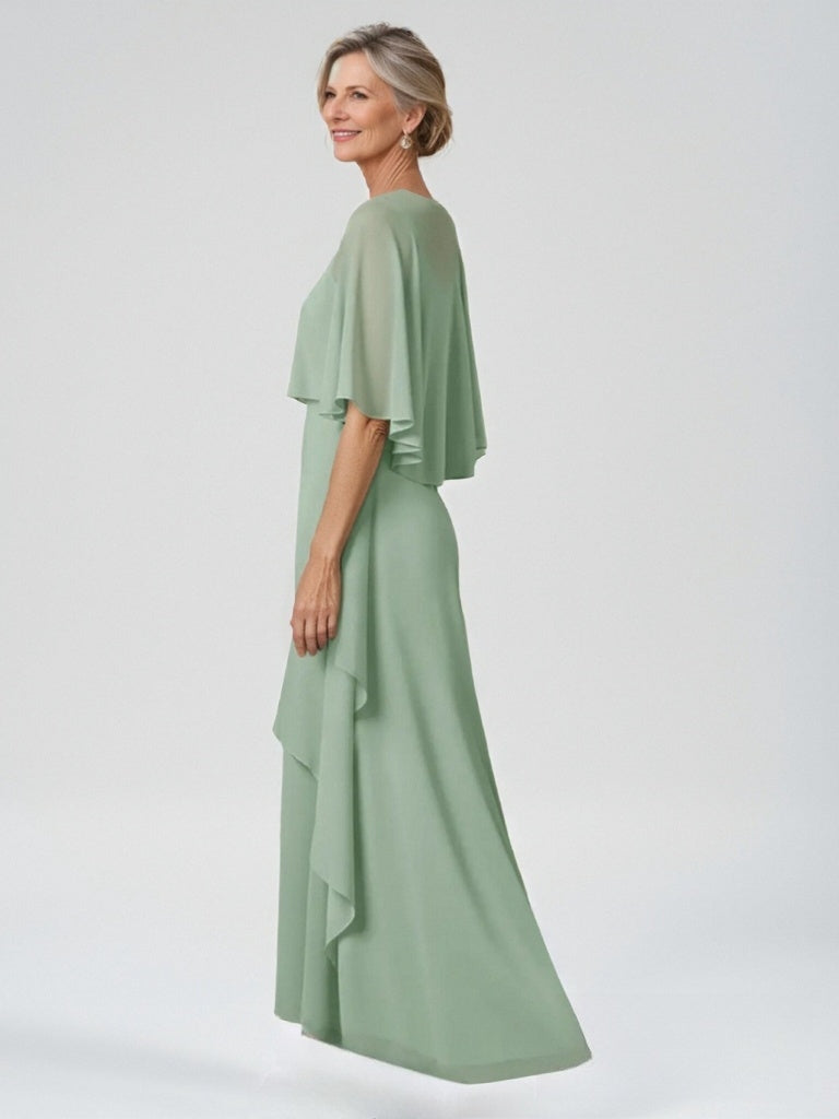 Robe mère de la mariée mousseline ligne A, col rond, manches mi-longues, longueur sol