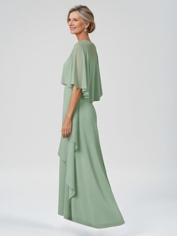 Robe mère de la mariée mousseline ligne A, col rond, manches mi-longues, longueur sol