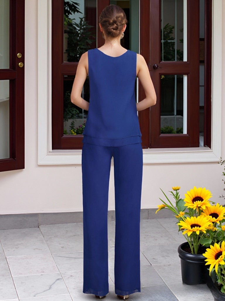 Ensemble pantalon 3 pièces mère de la mariée mousseline, veste, perles, longueur sol