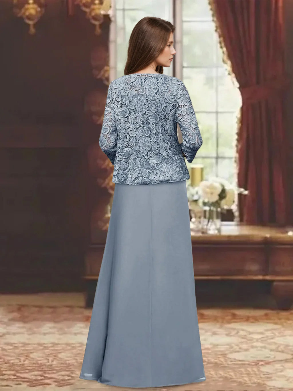 Robes pour mère de la mariée, 2 pièces, coupe A ou princesse, col rond, manches 3/4, longueur au sol, avec plis et volants