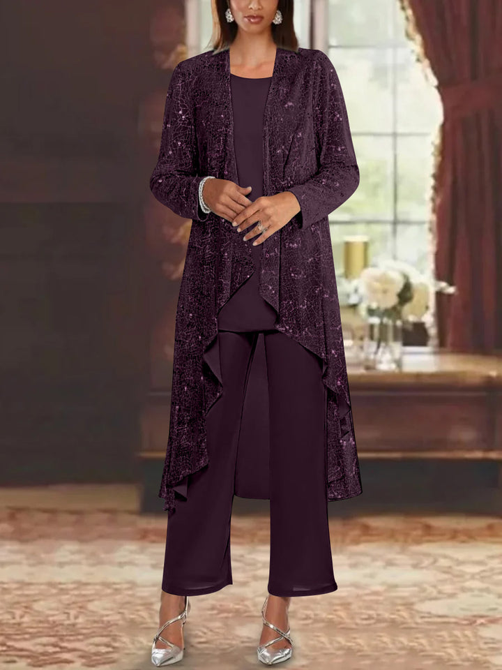 Ensemble pantalon mère de la mariée mousseline sequins col rond, veste