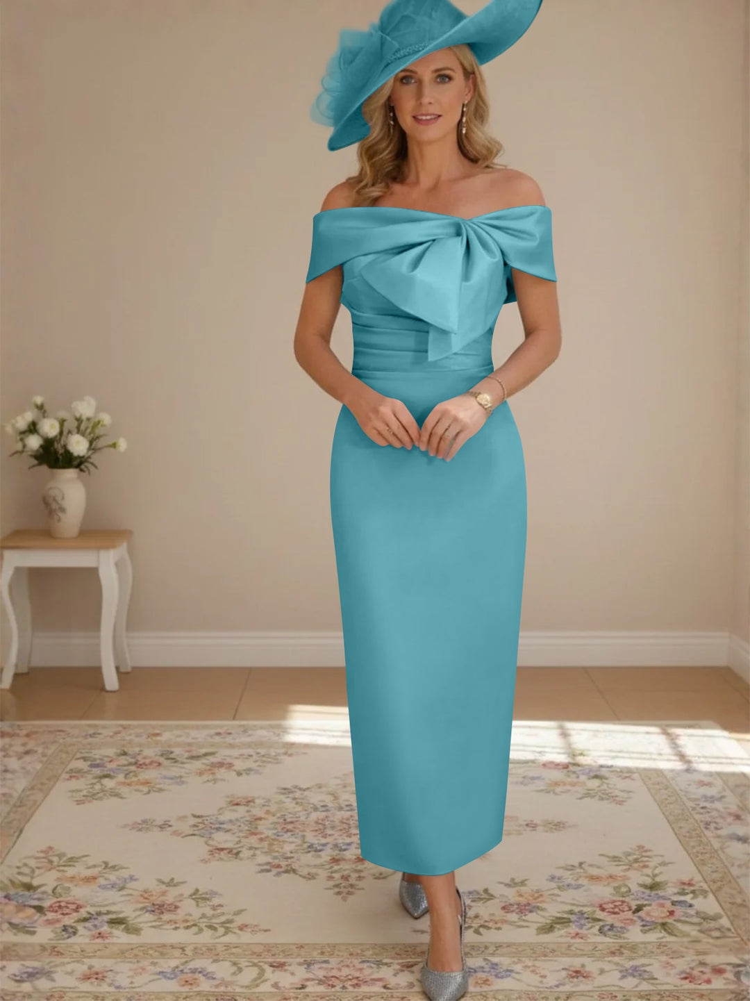 Robes de Mère de la Mariée, Longueur de la Cheville, Hors de l'épaule, Gaine/Colonne, avec Nœud Papillon