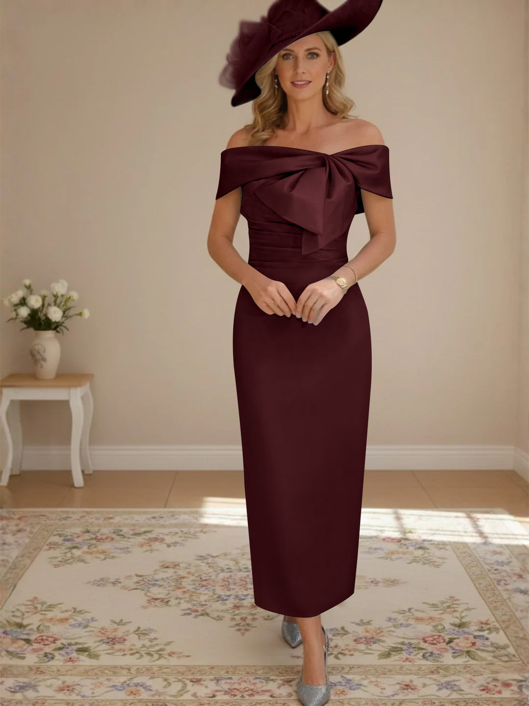 Robes de Mère de la Mariée, Longueur de la Cheville, Hors de l'épaule, Gaine/Colonne, avec Nœud Papillon