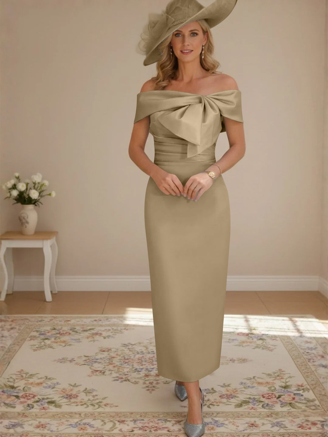 Robes de Mère de la Mariée, Longueur de la Cheville, Hors de l'épaule, Gaine/Colonne, avec Nœud Papillon