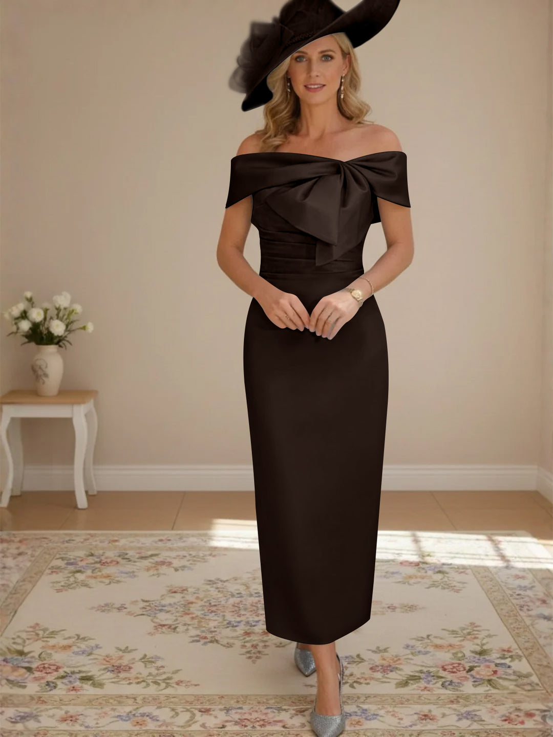 Robes de Mère de la Mariée, Longueur de la Cheville, Hors de l'épaule, Gaine/Colonne, avec Nœud Papillon