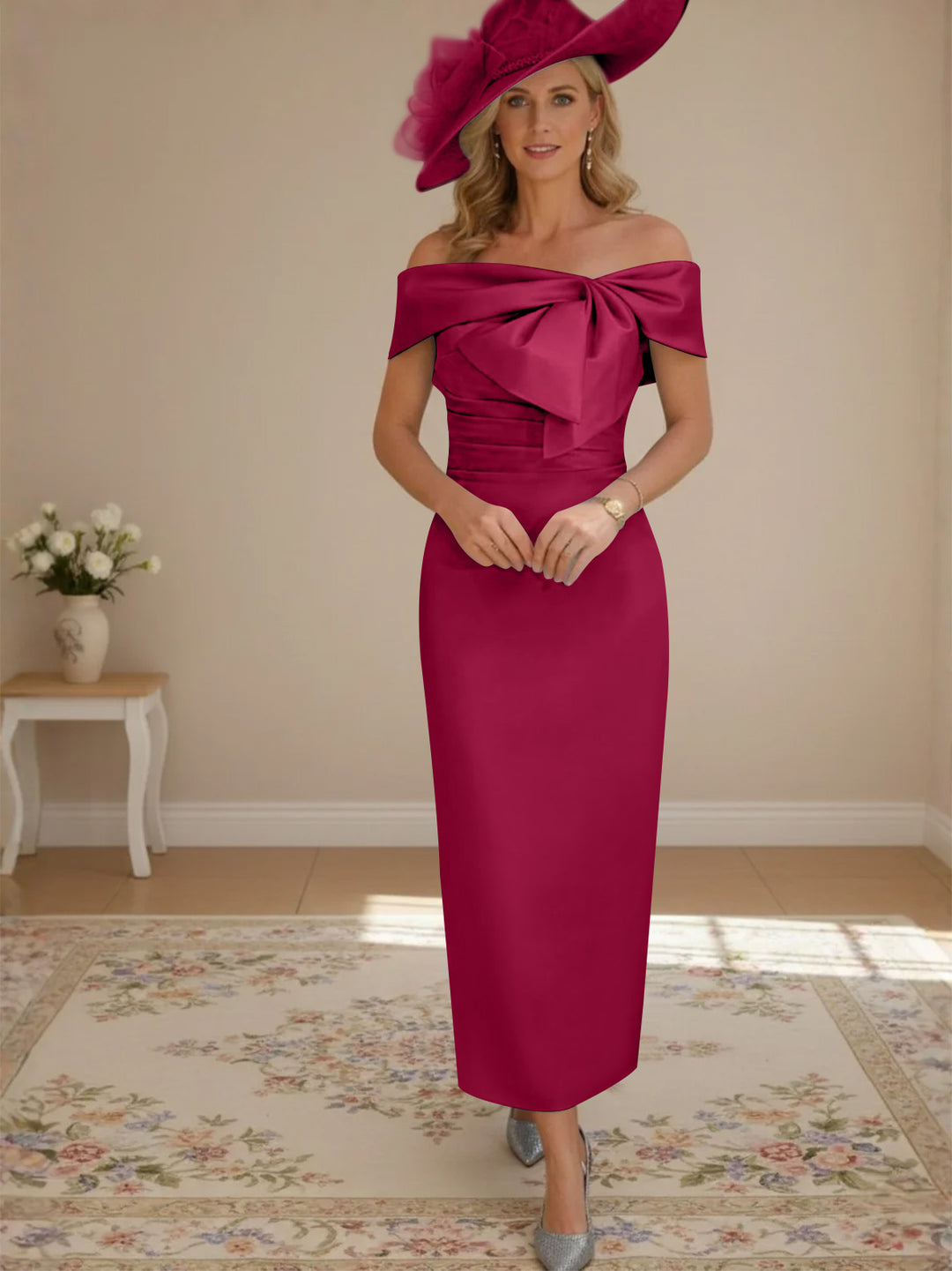 Robes de Mère de la Mariée, Longueur de la Cheville, Hors de l'épaule, Gaine/Colonne, avec Nœud Papillon