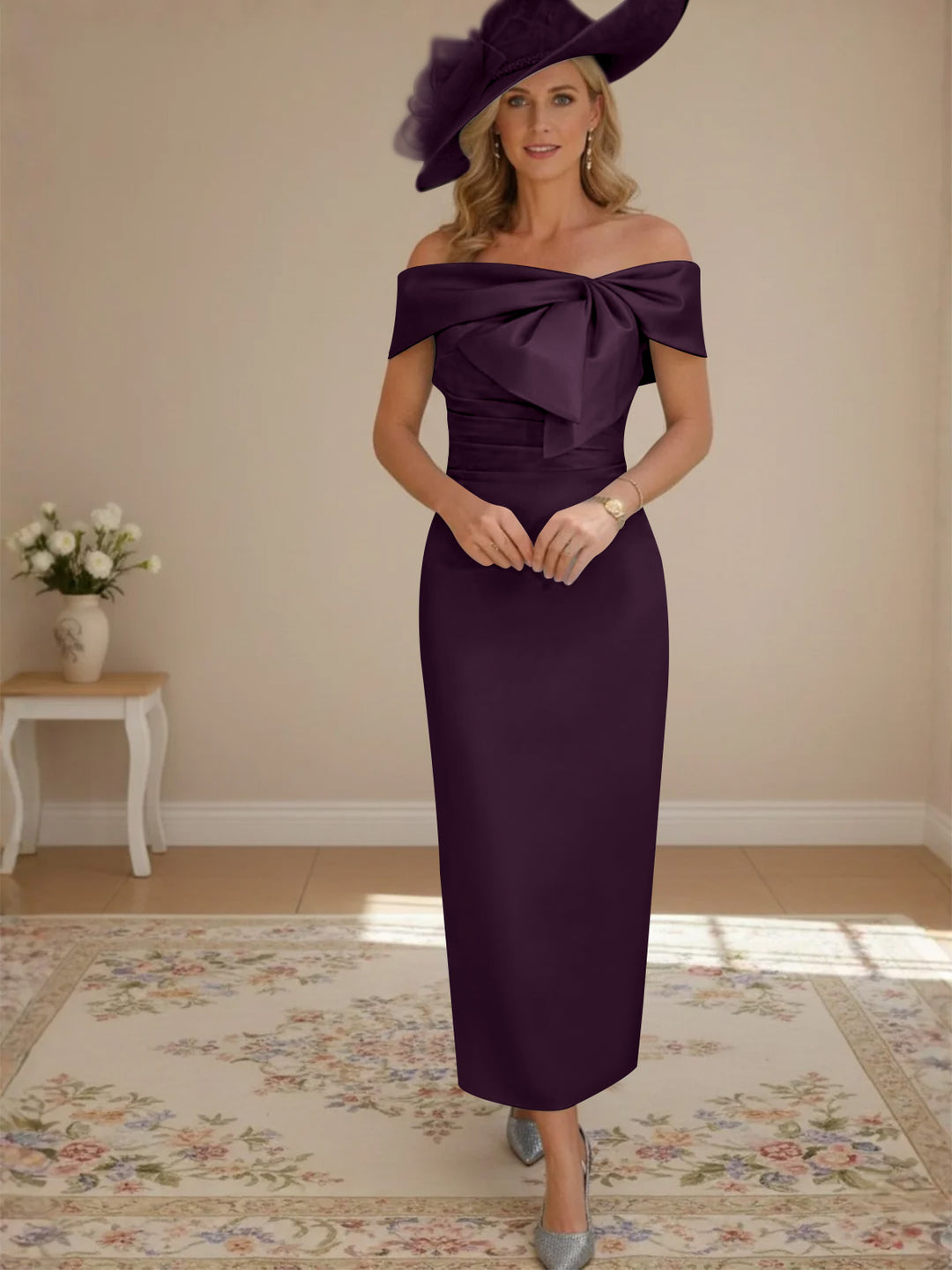 Robes de Mère de la Mariée, Longueur de la Cheville, Hors de l'épaule, Gaine/Colonne, avec Nœud Papillon