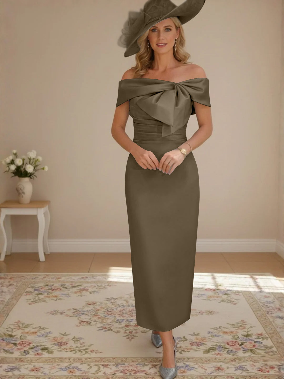 Robes de Mère de la Mariée, Longueur de la Cheville, Hors de l'épaule, Gaine/Colonne, avec Nœud Papillon