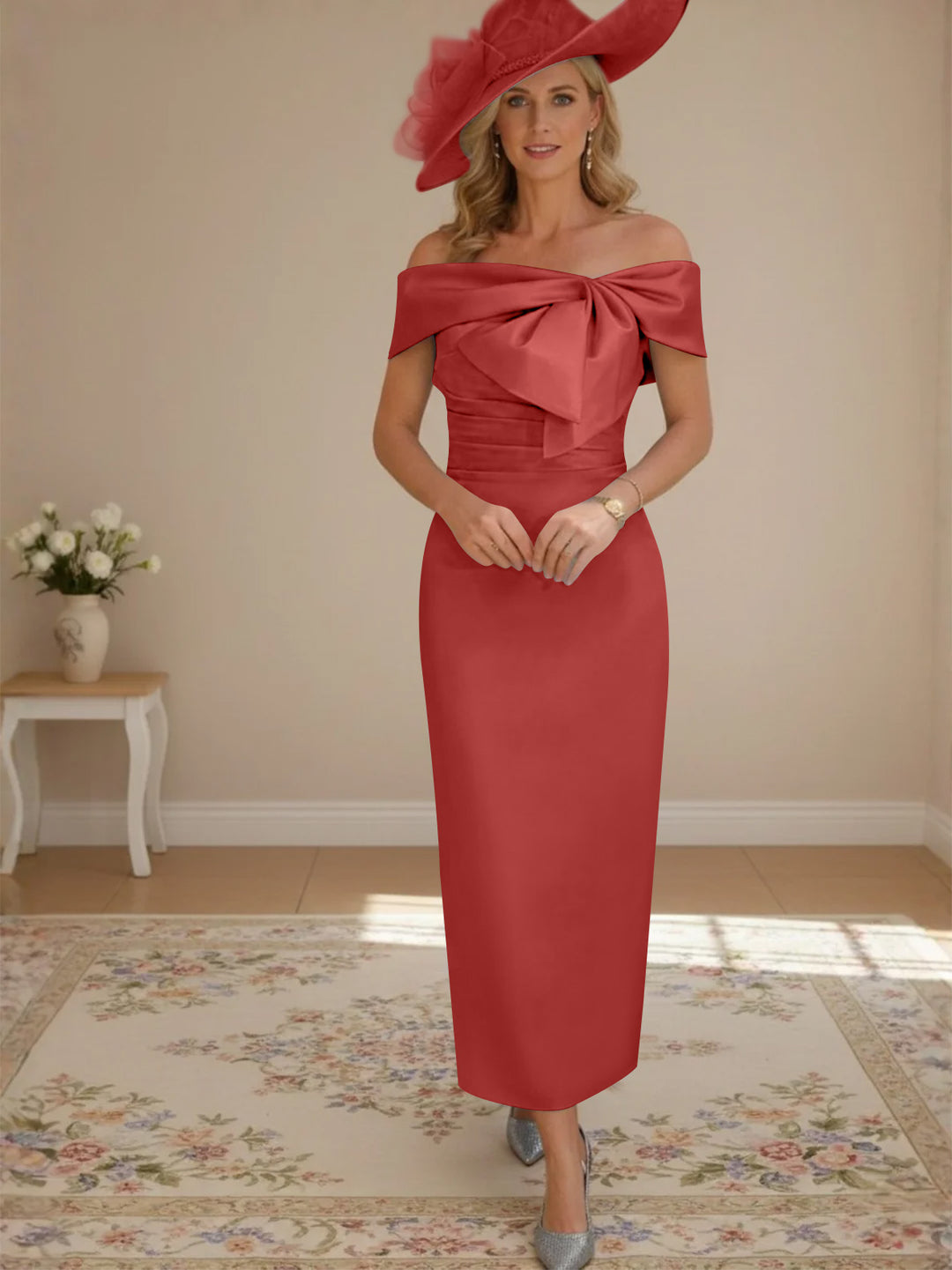 Robes de Mère de la Mariée, Longueur de la Cheville, Hors de l'épaule, Gaine/Colonne, avec Nœud Papillon