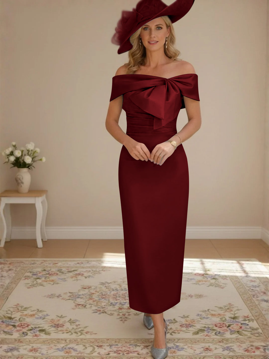 Robes de Mère de la Mariée, Longueur de la Cheville, Hors de l'épaule, Gaine/Colonne, avec Nœud Papillon