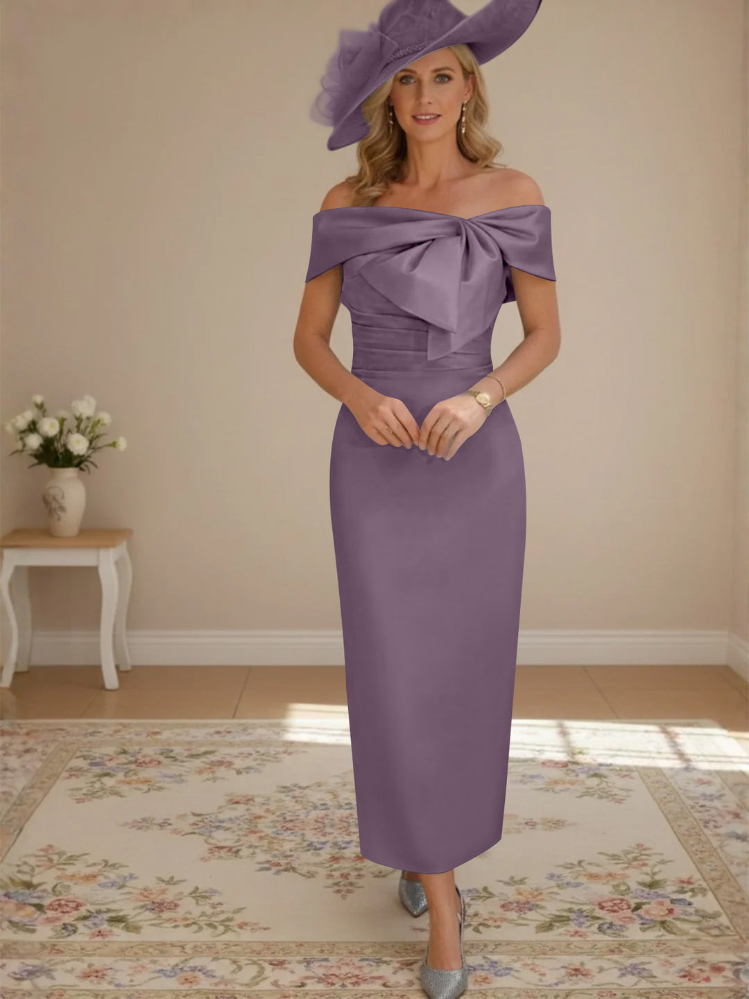 Robes de Mère de la Mariée, Longueur de la Cheville, Hors de l'épaule, Gaine/Colonne, avec Nœud Papillon