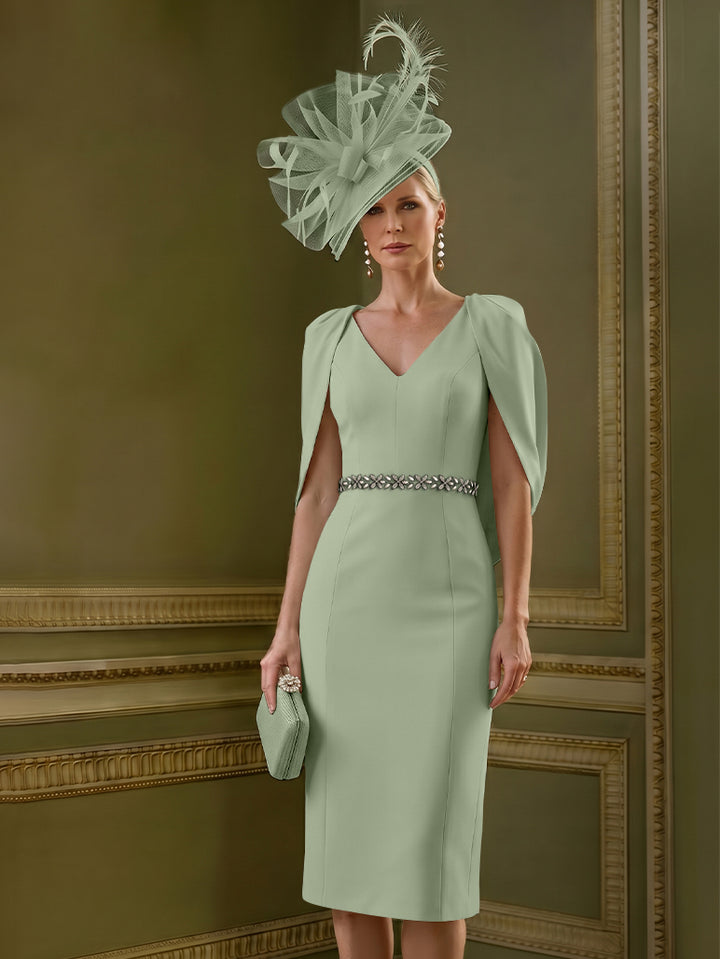 Robes pour mère de la mariée, coupe fourreau/colonne, longueur au genou, décolleté en V, avec cape