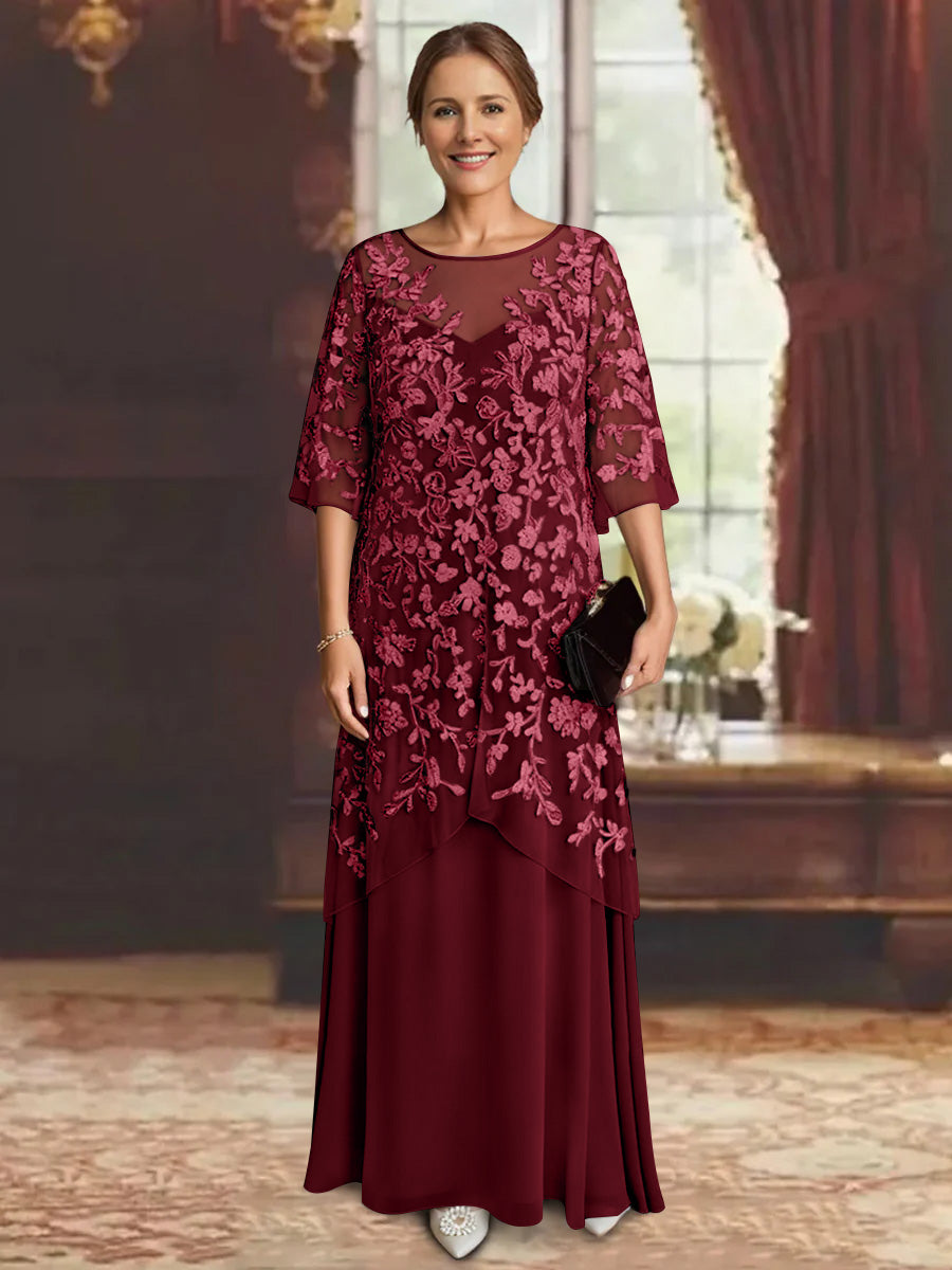 Robe mère de la mariée mousseline ligne A, manches mi-longues, longueur cheville, dentelle