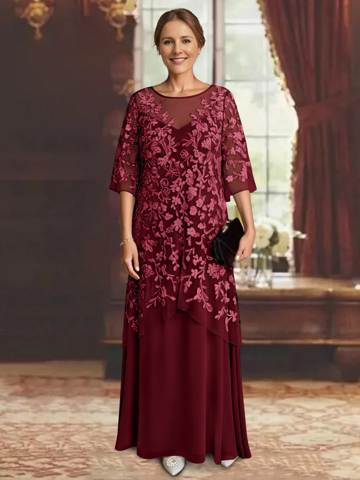 Robe mère de la mariée mousseline ligne A, manches mi-longues, longueur cheville, dentelle