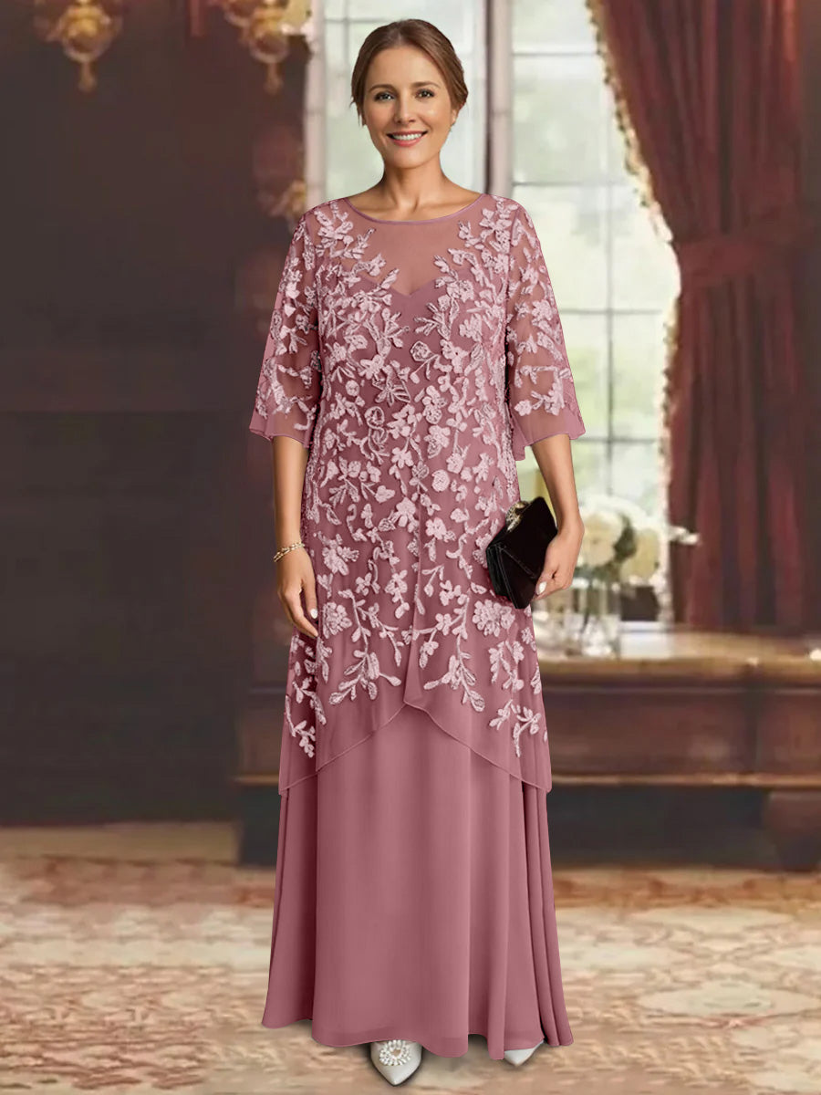 Robe mère de la mariée mousseline ligne A, manches mi-longues, longueur cheville, dentelle