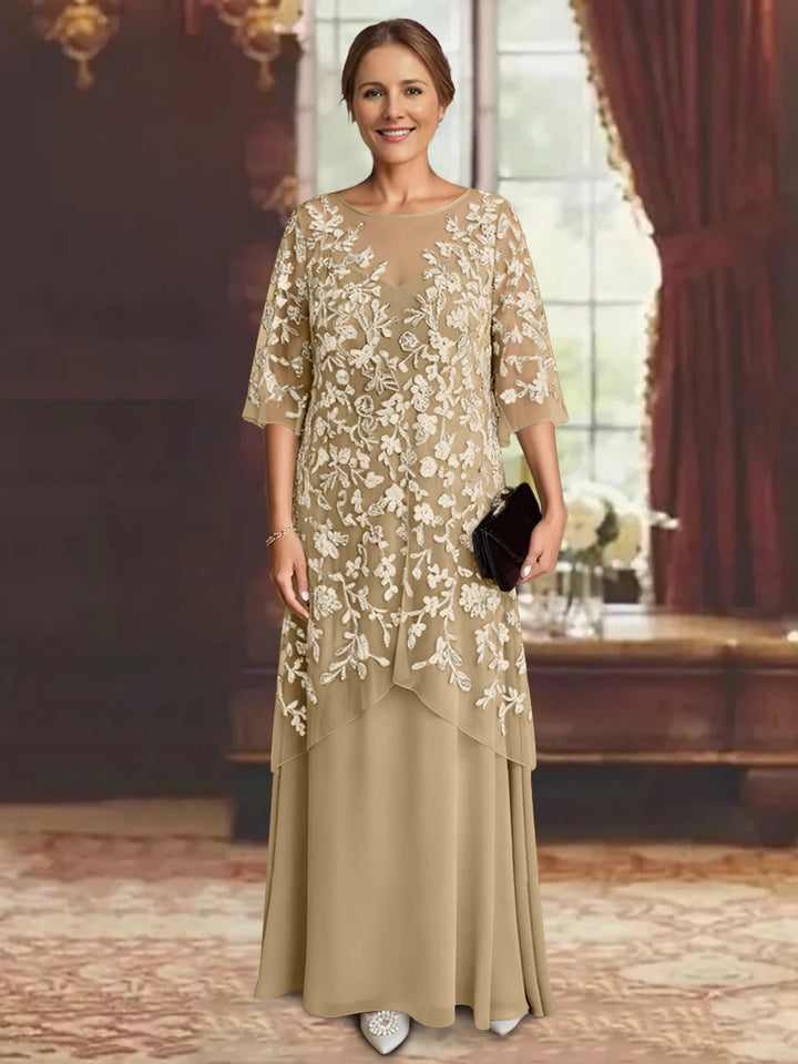 Robe mère de la mariée mousseline ligne A, manches mi-longues, longueur cheville, dentelle