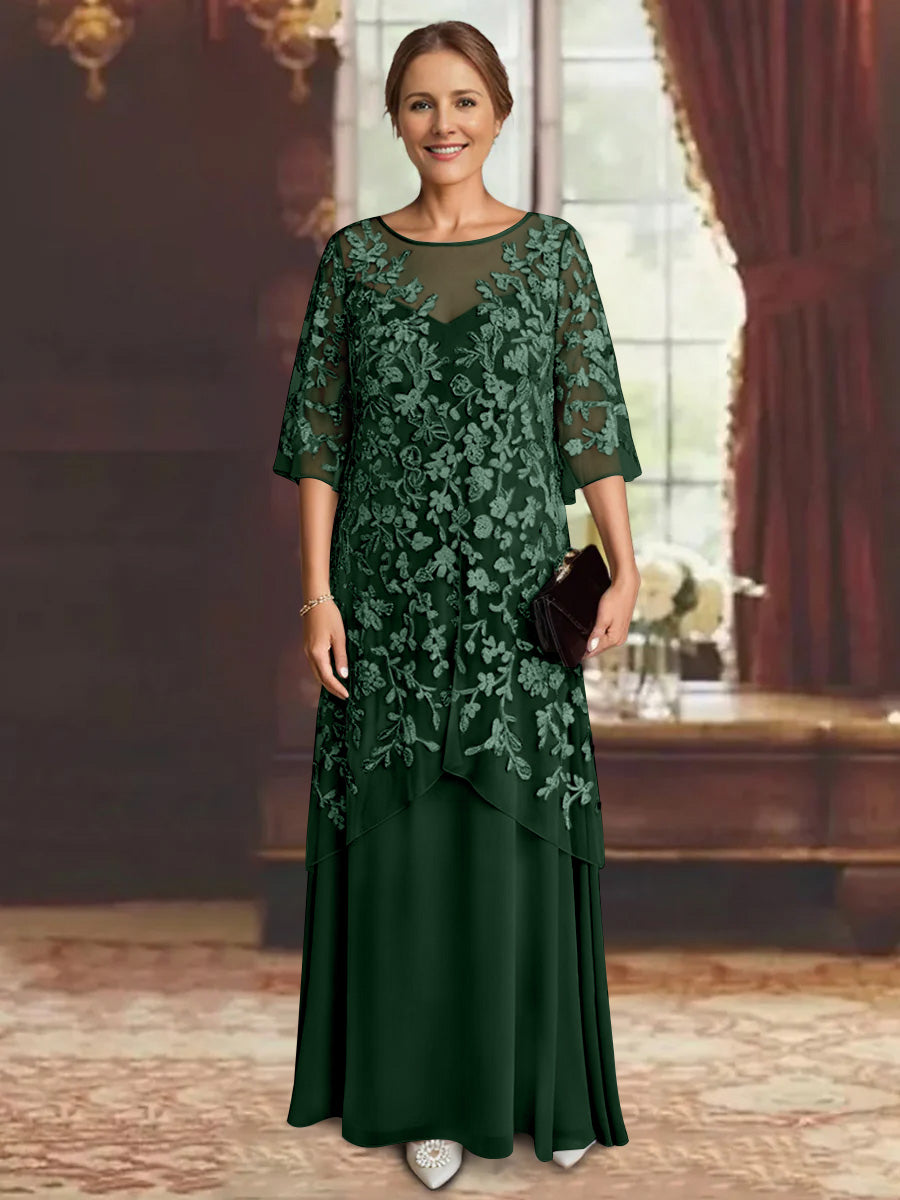 Robe mère de la mariée mousseline ligne A, manches mi-longues, longueur cheville, dentelle