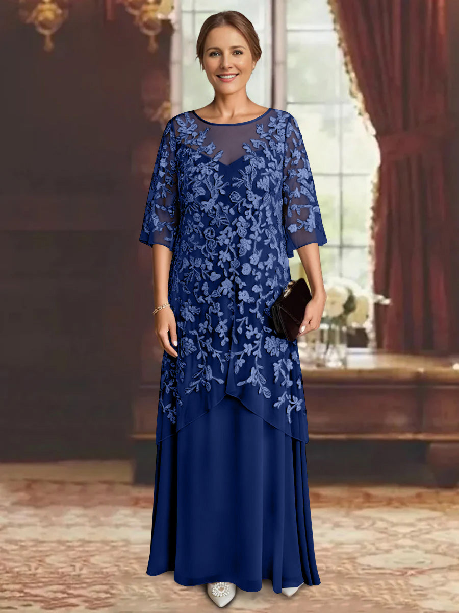 Robe mère de la mariée mousseline ligne A, manches mi-longues, longueur cheville, dentelle