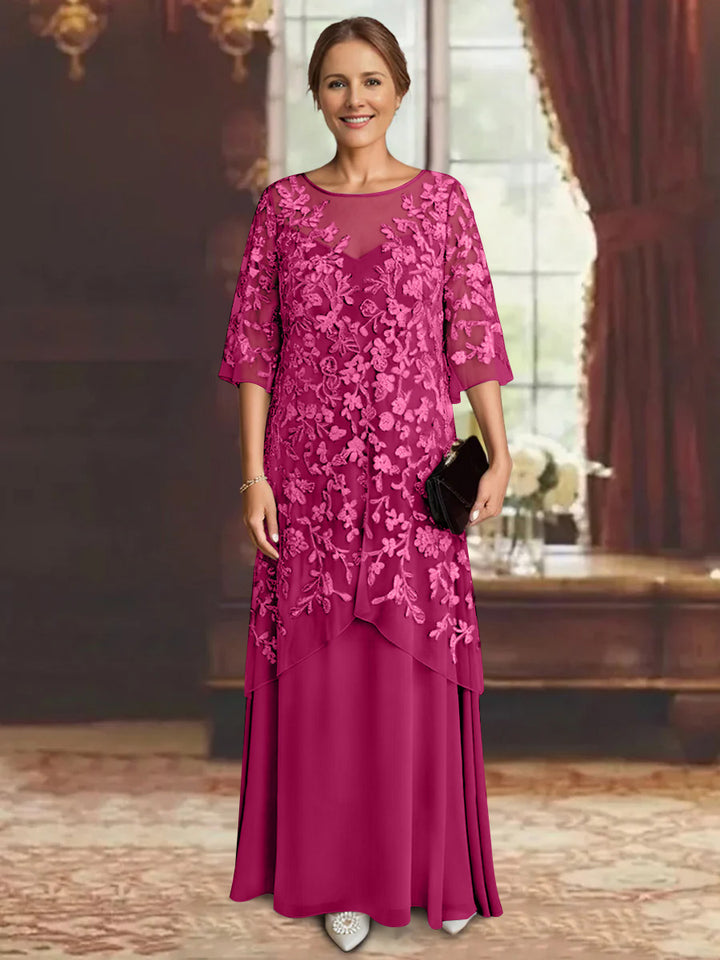 Robe mère de la mariée mousseline ligne A, manches mi-longues, longueur cheville, dentelle