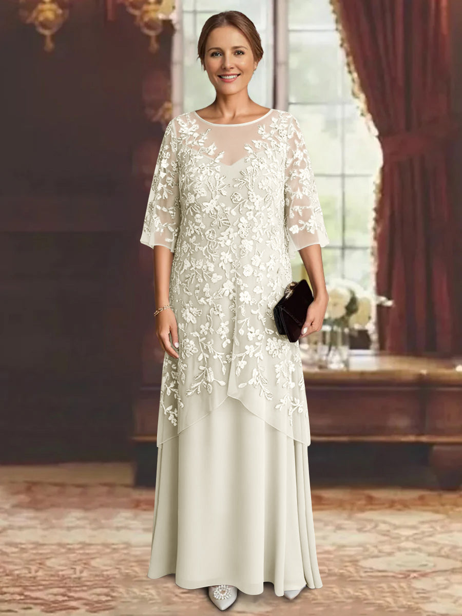 Robe mère de la mariée mousseline ligne A, manches mi-longues, longueur cheville, dentelle