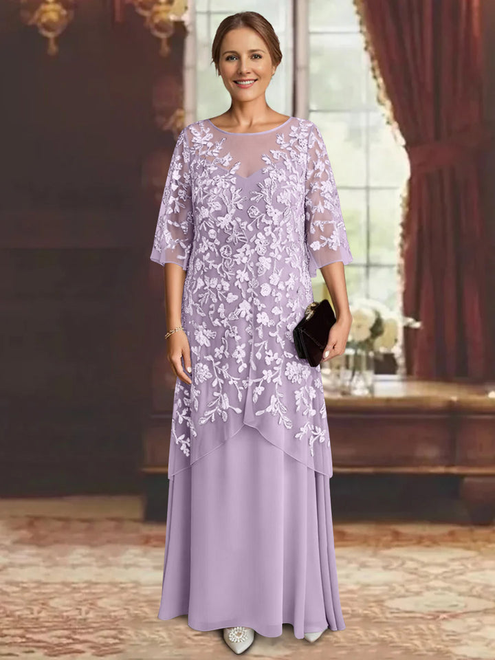 Robe mère de la mariée mousseline ligne A, manches mi-longues, longueur cheville, dentelle
