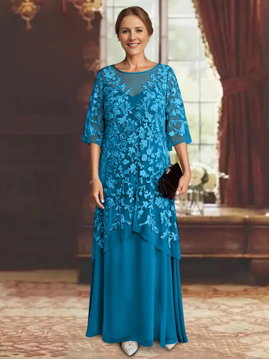 Robe mère de la mariée mousseline ligne A, manches mi-longues, longueur cheville, dentelle