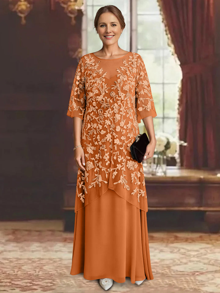Robe mère de la mariée mousseline ligne A, manches mi-longues, longueur cheville, dentelle