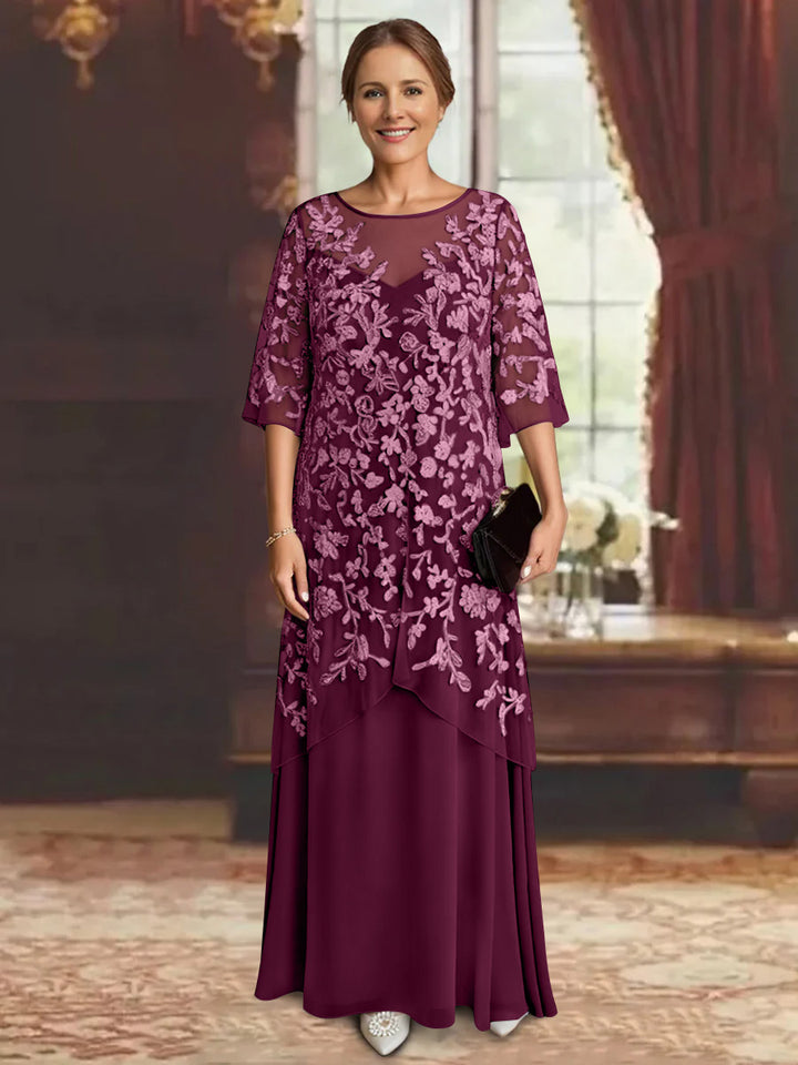 Robe mère de la mariée mousseline ligne A, manches mi-longues, longueur cheville, dentelle