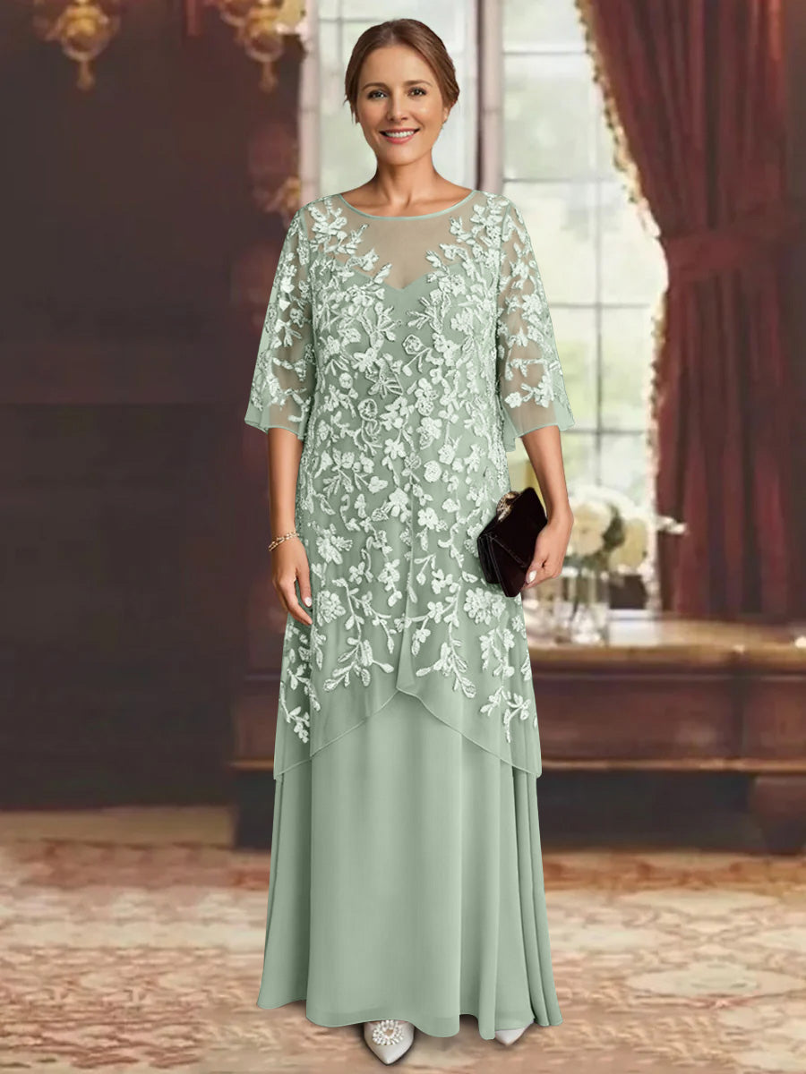 Robe mère de la mariée mousseline ligne A, manches mi-longues, longueur cheville, dentelle