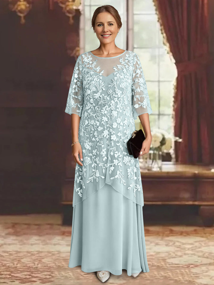 Robe mère de la mariée mousseline ligne A, manches mi-longues, longueur cheville, dentelle