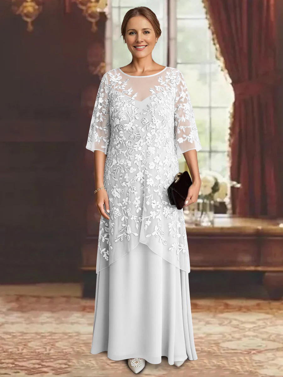 Robe mère de la mariée mousseline ligne A, manches mi-longues, longueur cheville, dentelle