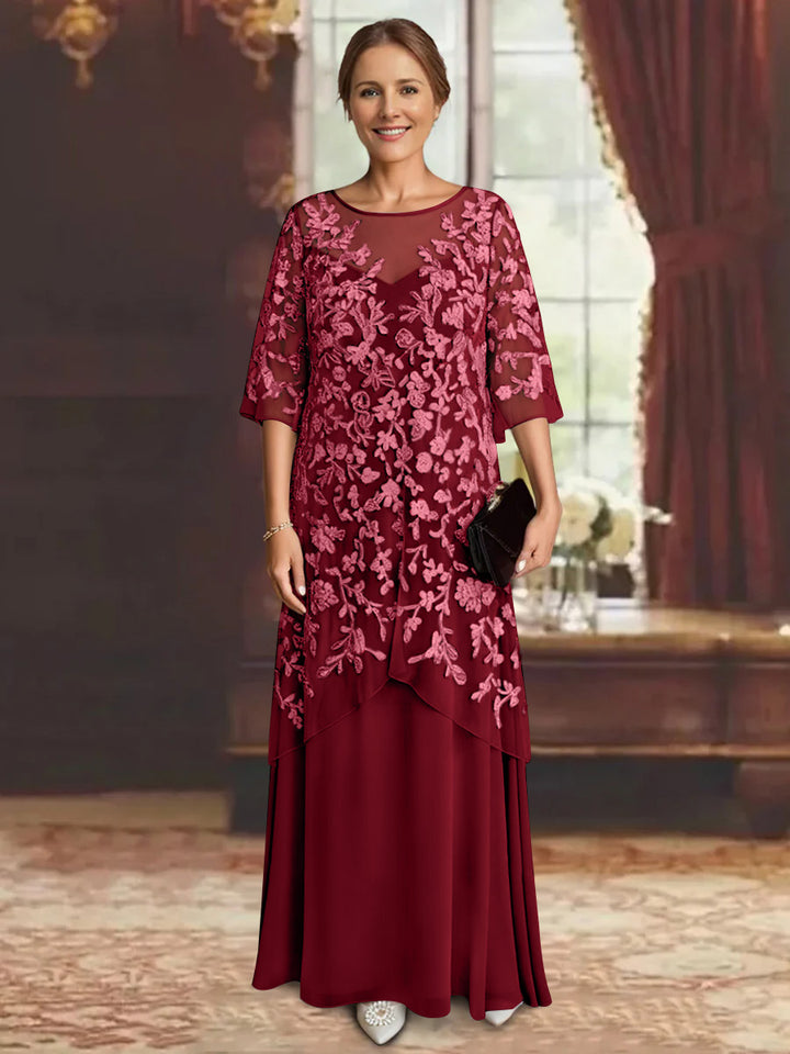 Robe mère de la mariée mousseline ligne A, manches mi-longues, longueur cheville, dentelle