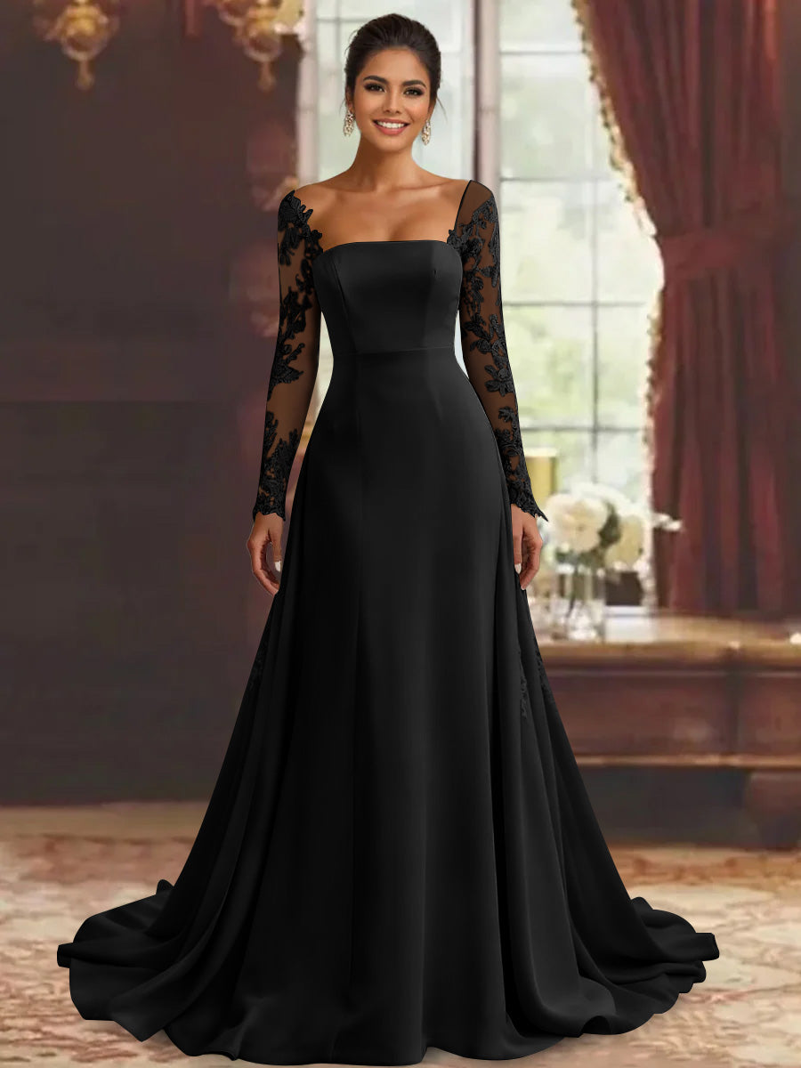 Robe mère de la mariée fourreau, manches longues, longueur sol, dentelle et appliques