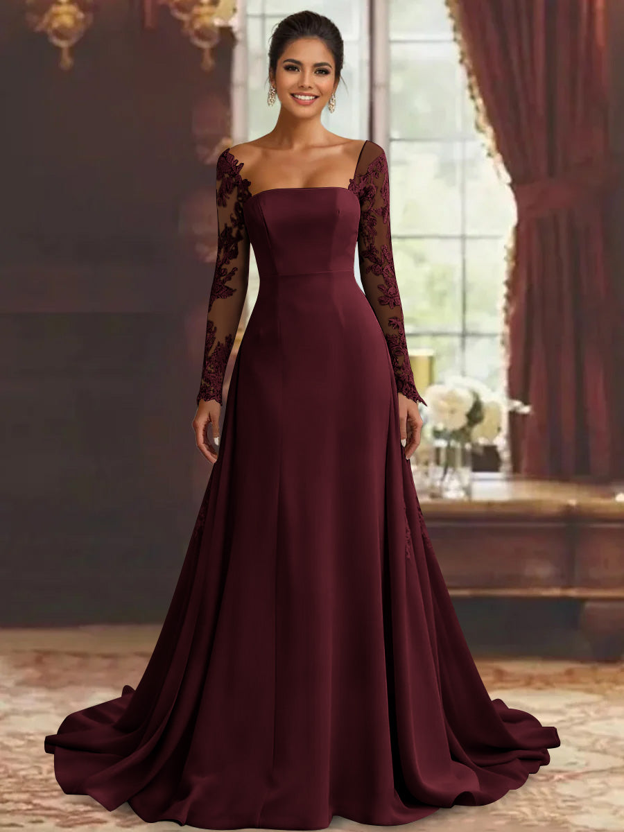 Robe mère de la mariée fourreau, manches longues, longueur sol, dentelle et appliques