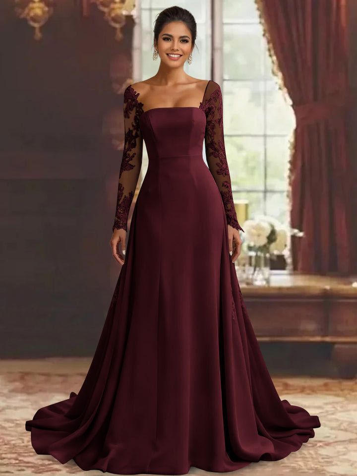 Robe mère de la mariée fourreau, manches longues, longueur sol, dentelle et appliques